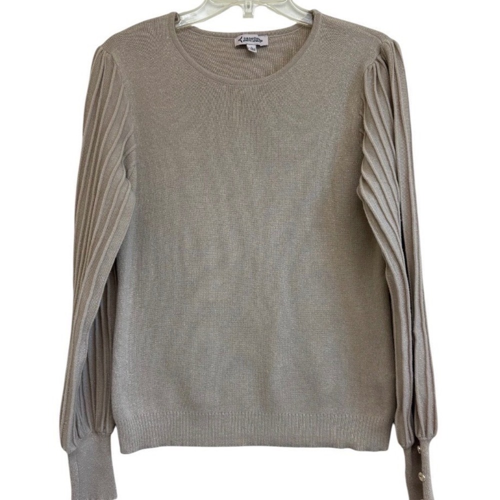 Nanette Lepore Metallic Gold Pleated Puff Sleeve Lurex Knit Sweater Large